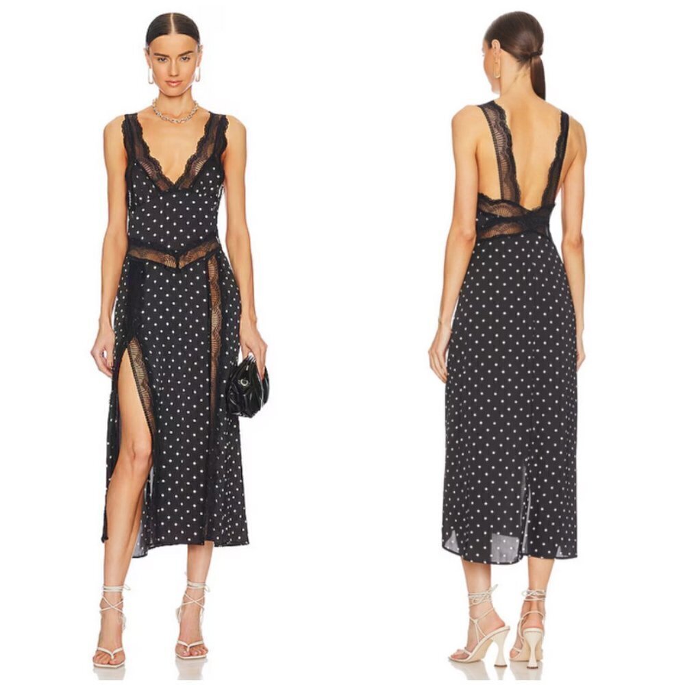 INTIMATELY FREE PEOPLE Bad For You Slip Dress ~ Black Polka Dot Print Lace L NWT